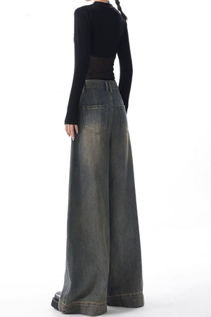 High-waist Wide-leg Vintage-wash Jeans