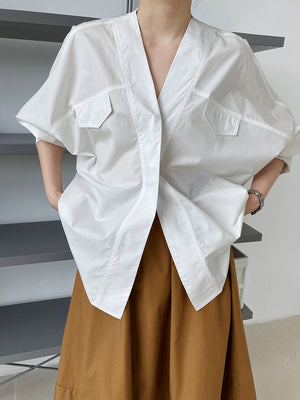 Pleated-cuff Bat-sleeve V-neck Shirt