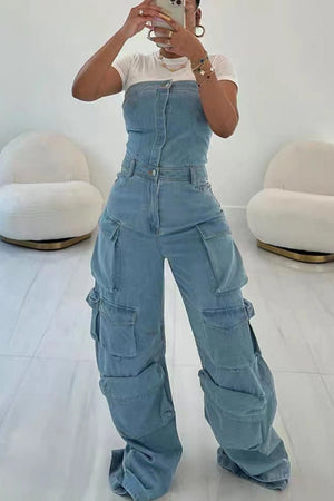 Multi-pocket Denim Strapless Jumpsuit