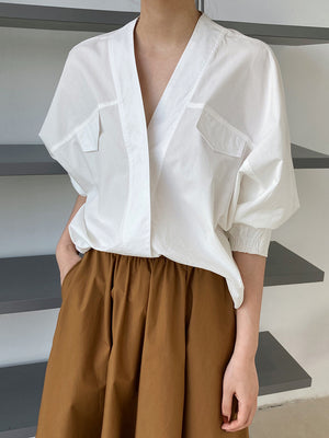 Pleated-cuff Bat-sleeve V-neck Shirt