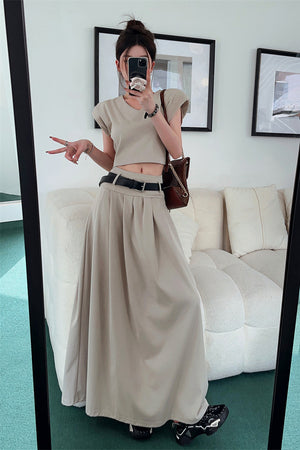 Crop Top & Pleated Skirt w/ Belt 2-piece Set
