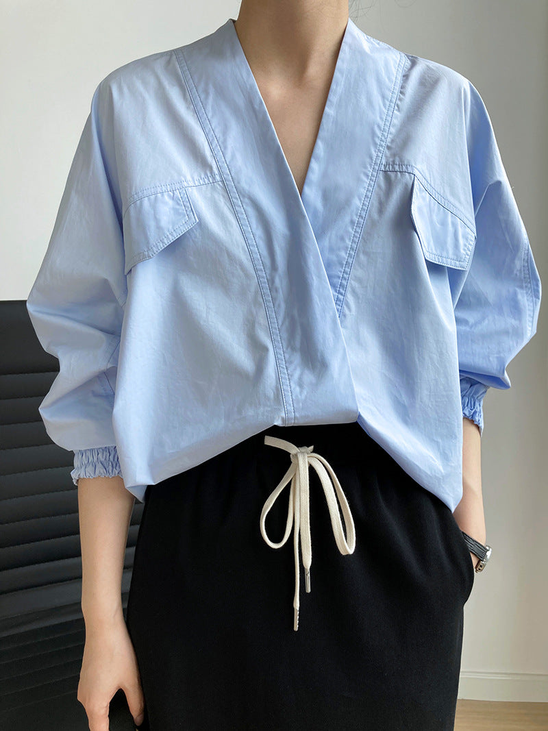 Pleated-cuff Bat-sleeve V-neck Shirt