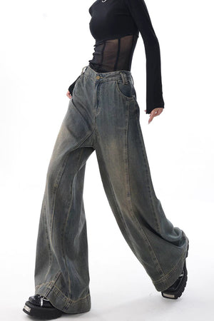 High-waist Wide-leg Vintage-wash Jeans