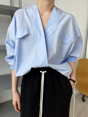 Pleated-cuff Bat-sleeve V-neck Shirt