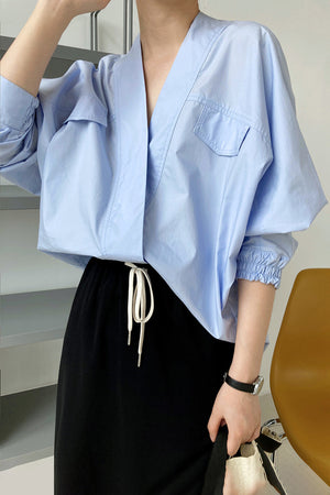 Pleated-cuff Bat-sleeve V-neck Shirt